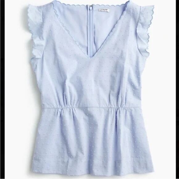 J. Crew Swiss Dot Peplum Ruffled Cap Sleeve Blouse V Neck Back Zip Up 0 Blue - Picture 1 of 15